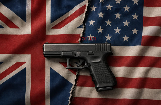 Torn Union Jack and American flag sewed together diagonally with a handgun resting on top
